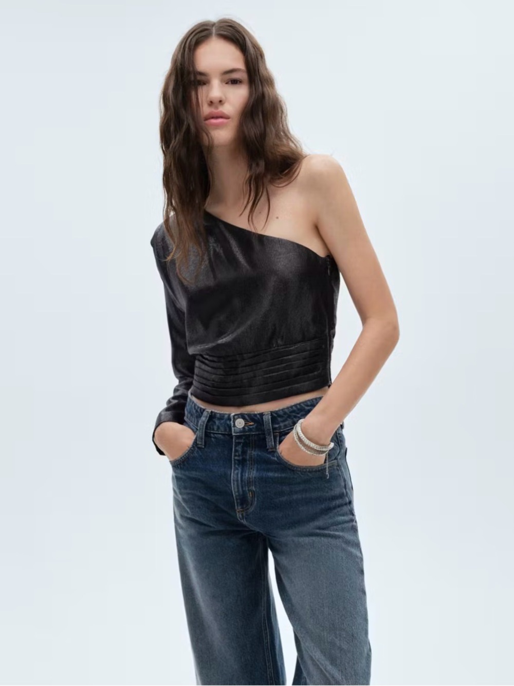 Mango Black Metallic One-Shoulder Blouse w/ Shoulder Pad Party Amazing NWT